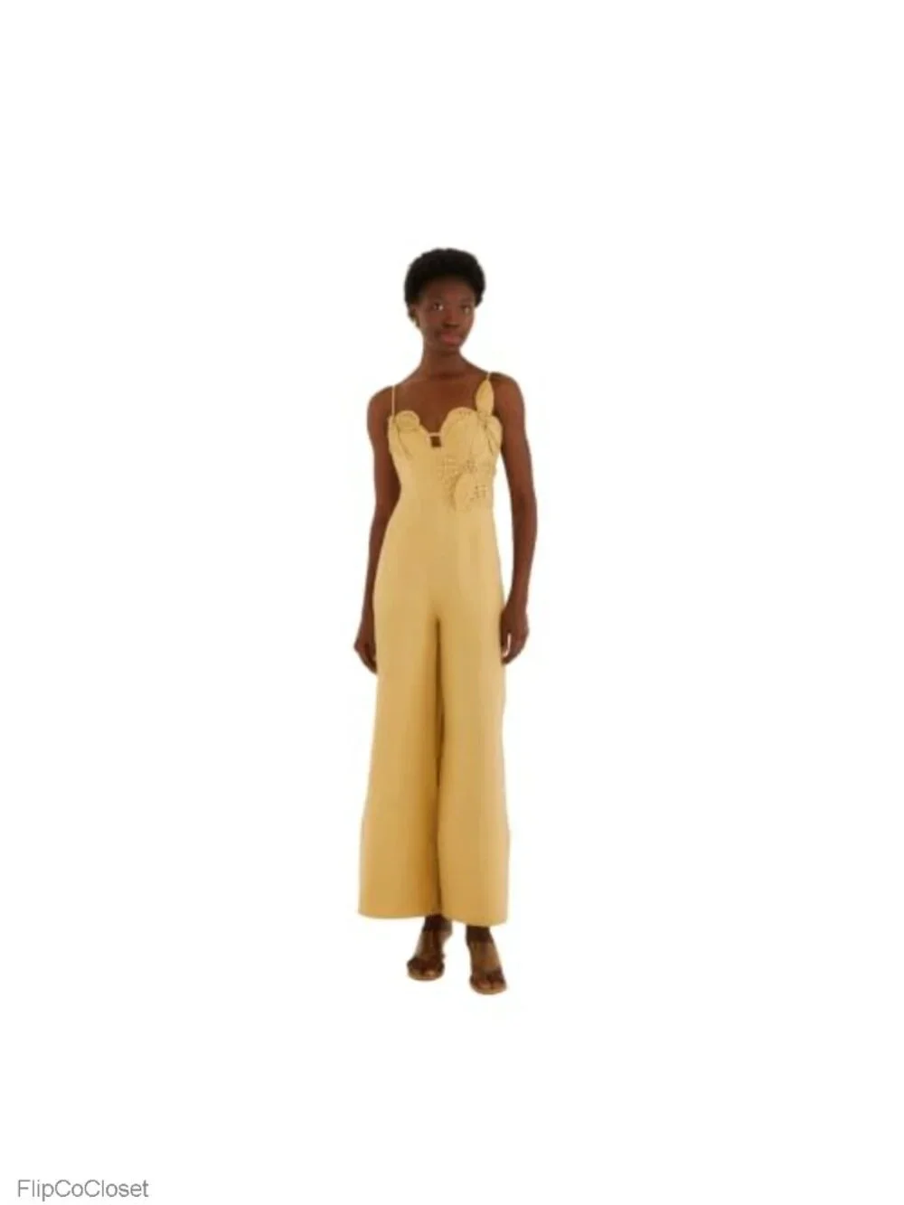 Linen 3D Floral Wide Leg Jumpsuit Sweetheart Neckline